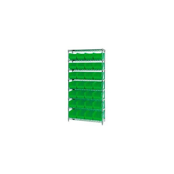 Global Industrial Chrome Wire Shelving w/ 28 Stacking Green Bins, 36inW x 14inD x 74inH, Gray 268928GN - main